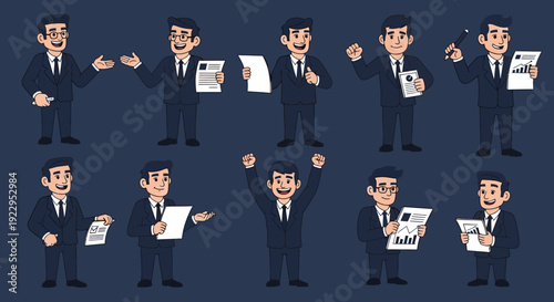 Business professional in various confident poses and actions, displaying success and engagement.