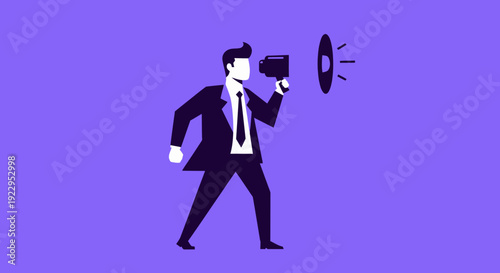Businessman in suit speaking loudly through a megaphone, announcing important news.