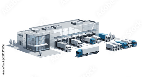 Isometric view of a modern logistics and distribution warehouse building with numerous semi-trucks parked at loading docks.