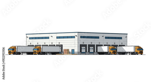 Front view of a modern logistics warehouse building with several semi-trailer trucks backed into loading docks during the day.