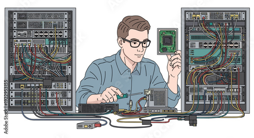 A male technician in glasses repairs computer hardware, holding a circuit board with server racks behind him.
