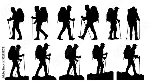 Silhouettes of hikers with backpacks and trekking poles walking.