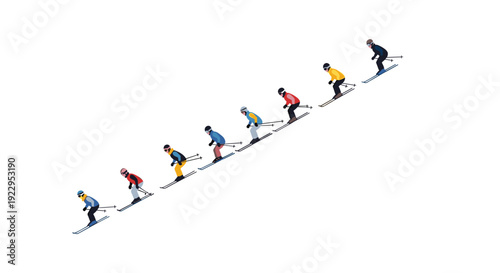 A diagonal line of cartoon skiers in diverse colorful outfits glides down a white snowy slope in unison.