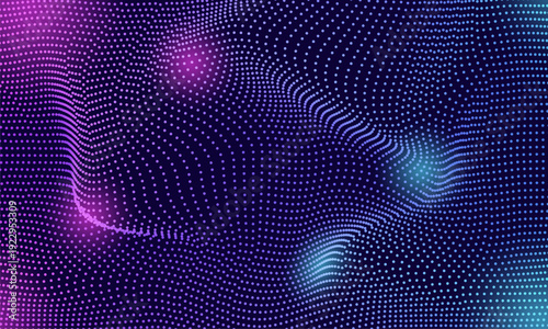 Abstract digital background featuring a vibrant purple and blue wavy dot pattern representing futuristic technology and data visualization