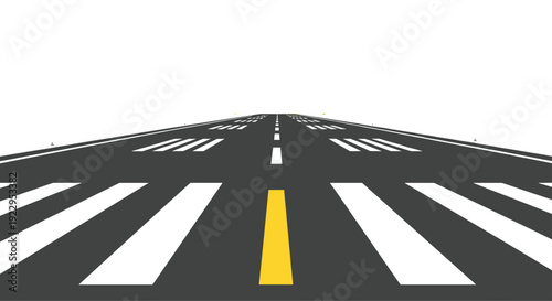 An empty airport runway stretches into the distance, marked with white and yellow lines on a dark asphalt surface.