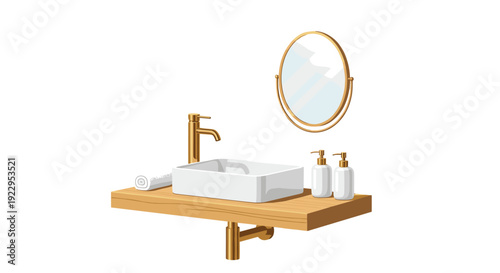 A modern bathroom sink with a gold faucet, an oval mirror, soap dispensers, and a rolled towel sits on a wooden shelf.