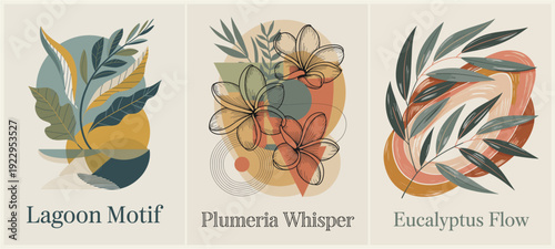 Modern botanical triptych featuring abstract leaves, plumeria blooms, and eucalyptus branches in muted earthy tones. Minimalist, nature-inspired wall art set with organic shapes and soft colors.