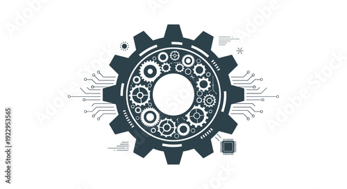 Complex mechanical gear containing multiple smaller gears and integrated circuit board elements, representing technological innovation and intricate systems.
