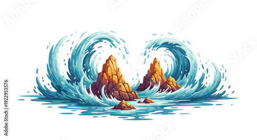 Two rugged, brown rocky islands are vigorously splashed by powerful blue and white ocean waves on a clear day.