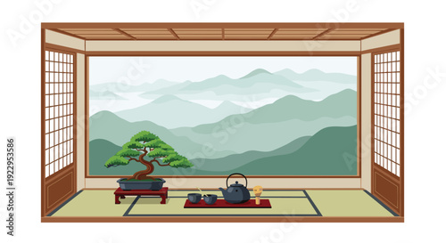 Traditional Japanese room interior with a bonsai tree, a classic tea set, and a large window offering a serene view of distant mountains.