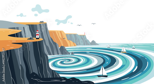 Coastal scene with a lighthouse perched on rugged cliffs overlooking a vast ocean with a dramatic swirling whirlpool and small sailboats.