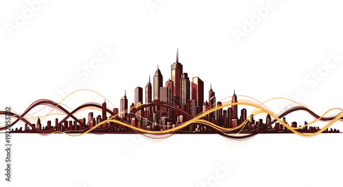 Detailed brown city skyline with multiple intricate abstract wavy lines crossing horizontally on a white background, representing interconnectedness.