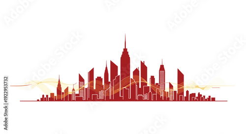 Minimalist red outline of a modern city skyline with abstract flowing golden lines on a clean white background, depicting urban development.