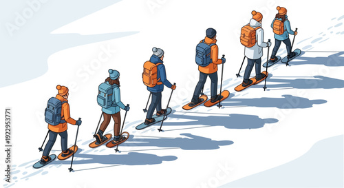 Group of Skiers Trekking Through Snowy Landscape.