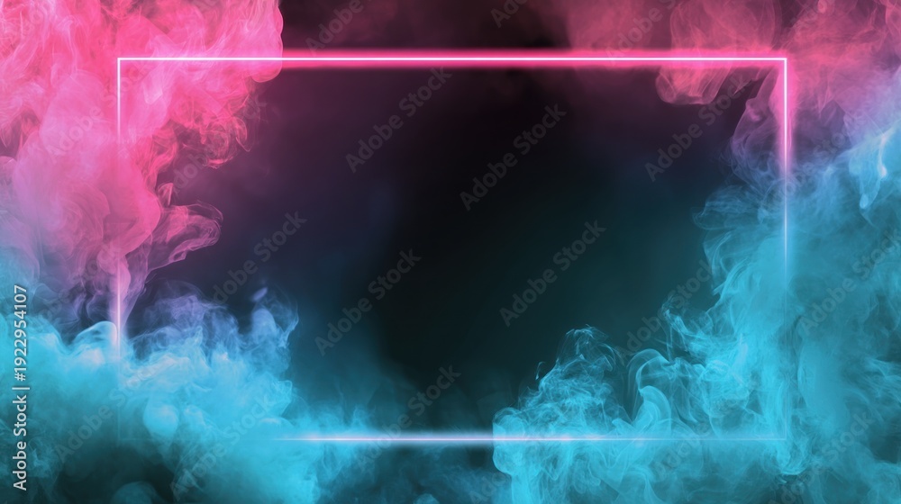 Naklejka premium Neon glow frame encompassed by vibrant pink and blue smoke