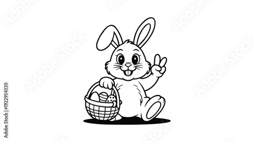Happy bunny with Easter basket and peace sign, line art