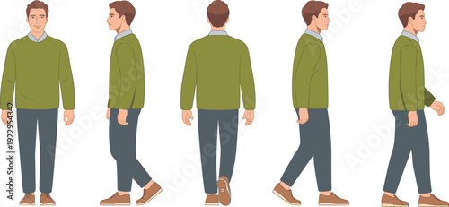 Young male character turnaround with walking sequence, casual man in green sweater and gray pants, front side and back views flat vector illustration