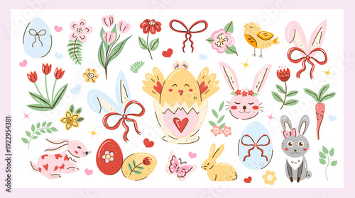 Hand-drawn Easter clipart set with bunnies, chick in cracked egg, decorated eggs, ribbons, flowers, hearts and spring foliage on a soft pink frame. Doodle vector illustration.