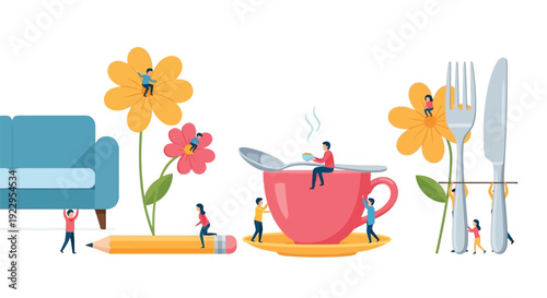 Tiny people interact with oversized objects in a whimsical scene