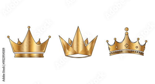 Three elegant golden crowns displayed side by side in a decorative arrangement isolated on transparent background