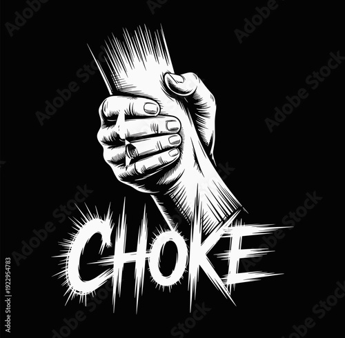 Aggressive Hand Choking Throat Illustration, Hardcore Streetwear Graphic Art in Flat Vector Style