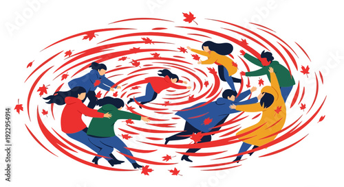 People swirling in autumn leaf vortex, Canadian concept