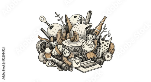 A whimsical collection of vintage objects and animal forms illustrated together