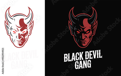 Black Devil Head Mascot Logo, Angry Demon Face Illustration, Flat Vector Art
