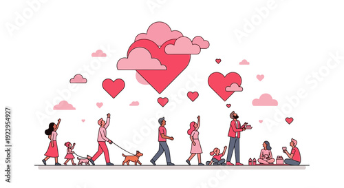 Happy People Walking with Hearts and Clouds