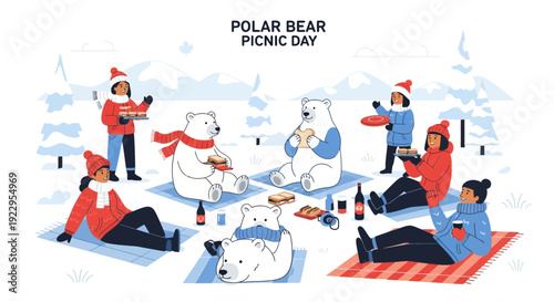 Polar Bear Picnic Day: Cute Animals and People Enjoying Winter