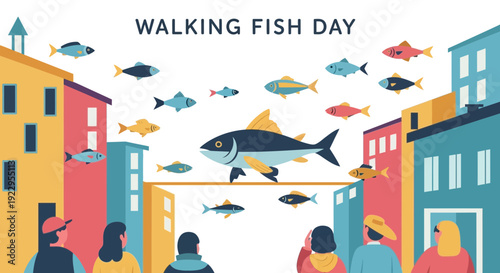 Walking Fish Day illustration with fish in city street and people watching