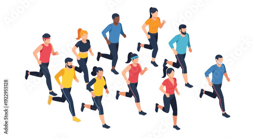 A diverse group of people are shown running forward in a race