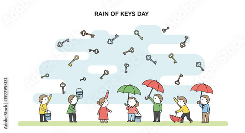 Children with umbrellas collecting falling keys in a whimsical illustration