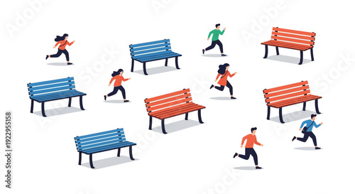 People Running Around Colorful Park Benches