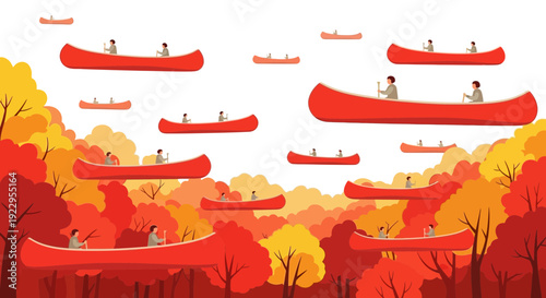 Autumn Canoeing Adventure: People Paddle in Red Boats Amidst Fall Foliage