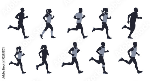 Silhouettes of people running depicting motion and athletic activity