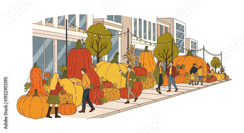 Autumn Harvest Festival Display with People on Sidewalk