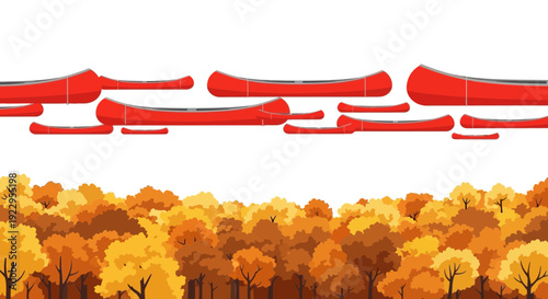 Red Canoes Floating Over Autumn Forest