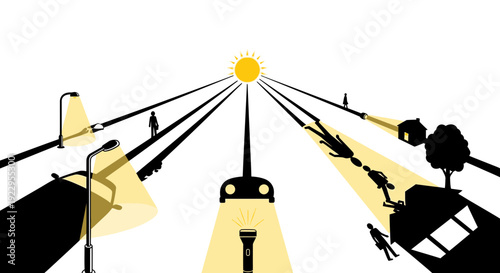 Sunlight and artificial light sources illuminating silhouettes of people and objects