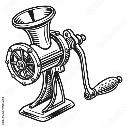 Detailed illustration of a meat grinder with gear, handle, funnel and base viewed from an angled perspective in a clean studio setting