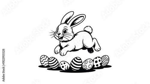 Cute easter bunny jumping over decorated eggs, perfect for children books and cards