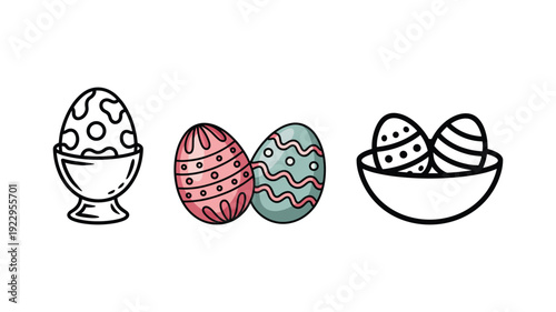 Easter eggs in holders and bowl, festive holiday design, spring celebration vector illustration