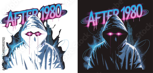 Cyberpunk Hacker After 1980 Synthwave Illustration, Retro Neon Futuristic Flat Vector Art