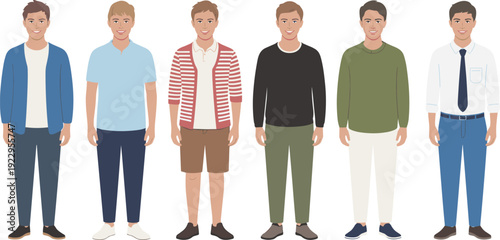 Young men character collection in casual and semi formal outfits, full body male avatars with different fashion styles, flat vector illustration isolated background