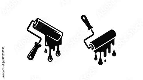 Two Paint roller with dripping wet paint stroke black flat icon set isolated on white backdrop