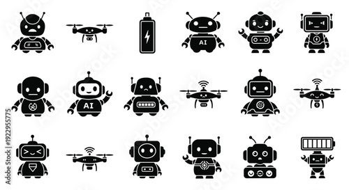 Collection of futuristic robot drone and battery power icons