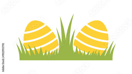Yellow easter eggs with stripes hidden in green grass field landscape on white background