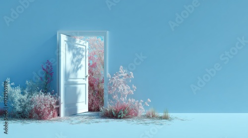 Open door revealing a pastel floral scene against a light blue wall
