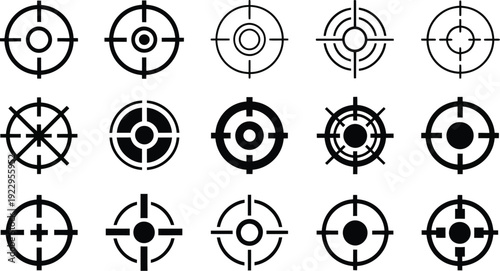 Set of black thin and bold line target icons and crosshair symbols isolated on white background for goal focus designs.