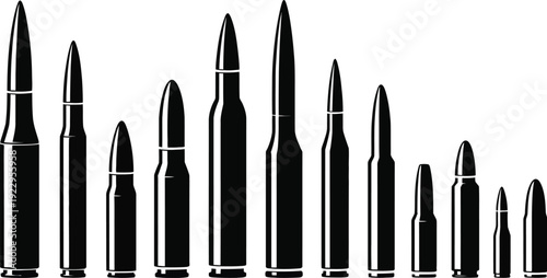 Set of black bullet silhouettes in various sizes and calibers isolated on white background military ammunition and weapon supply vectors.